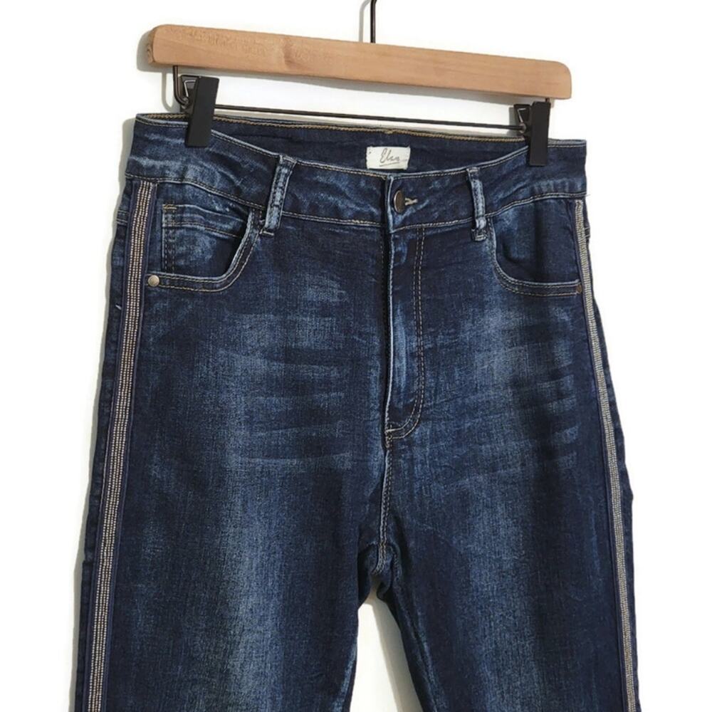 Elan High Rise Beaded Seam Dark Wash Stretch Skinny Blue Denim Jean Size L - Picture 3 of 11